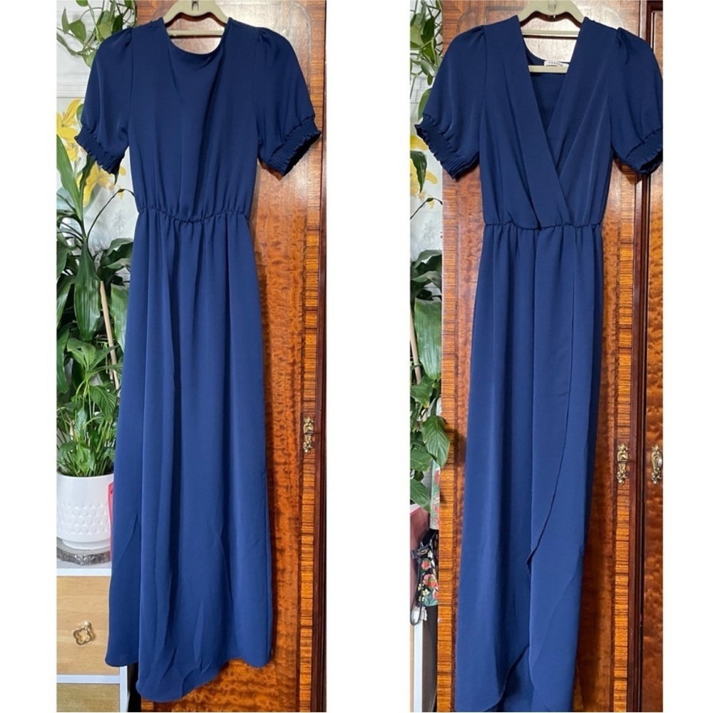 Revolve Farrow Navy Faux Wrap Short Sleeves Size S